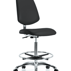 Class 10 Clean Room/ESD Vinyl Chair - High Bench Height with Medium Back, Chrome Foot Ring, & ESD Casters in ESD Black Vinyl - ECR-VHBCH-MB-CR-CF-EC-ESDBLK