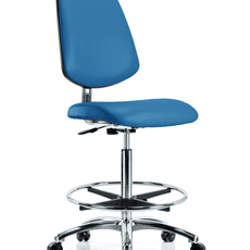 Class 10 Clean Room/ESD Vinyl Chair - High Bench Height with Medium Back, Chrome Foot Ring, & ESD Casters in ESD Blue Vinyl - ECR-VHBCH-MB-CR-CF-EC-ESDBLU