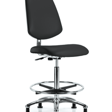 Class 10 Clean Room/ESD Vinyl Chair - High Bench Height with Medium Back, Chrome Foot Ring, & ESD Stationary Glides in ESD Black Vinyl - ECR-VHBCH-MB-CR-CF-EG-ESDBLK