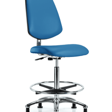 Class 10 Clean Room/ESD Vinyl Chair - High Bench Height with Medium Back, Chrome Foot Ring, & ESD Stationary Glides in ESD Blue Vinyl - ECR-VHBCH-MB-CR-CF-EG-ESDBLU