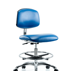 Class 10 Clean Room/ESD Vinyl Chair - Medium Bench Height with Chrome Foot Ring & ESD Casters in ESD Blue Vinyl - ECR-VMBCH-CR-CF-EC-ESDBLU