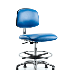 Class 10 Clean Room/ESD Vinyl Chair - Medium Bench Height with Chrome Foot Ring & ESD Stationary Glides in ESD Blue Vinyl - ECR-VMBCH-CR-CF-EG-ESDBLU