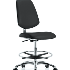 Class 10 Clean Room/ESD Vinyl Chair - Medium Bench Height with Medium Back, Chrome Foot Ring, & ESD Casters in ESD Black Vinyl - ECR-VMBCH-MB-CR-CF-EC-ESDBLK