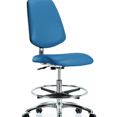 Class 10 Clean Room/ESD Vinyl Chair - Medium Bench Height with Medium Back, Chrome Foot Ring, & ESD Casters in ESD Blue Vinyl - ECR-VMBCH-MB-CR-CF-EC-ESDBLU