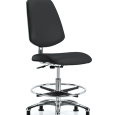 Class 10 Clean Room/ESD Vinyl Chair - Medium Bench Height with Medium Back, Chrome Foot Ring, & ESD Stationary Glides in ESD Black Vinyl - ECR-VMBCH-MB-CR-CF-EG-ESDBLK