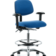 Fabric ESD Chair - High Bench Height with Adjustable Arms, Chrome Foot Ring, & ESD Casters in ESD Blue Fabric - ESD-FHBCH-CR-T0-A1-CF-EC-ESDBLU
