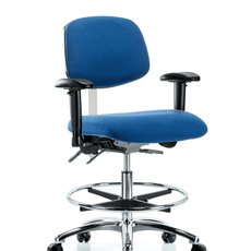 Fabric ESD Chair - Medium Bench Height with Seat Tilt, Adjustable Arms, Chrome Foot Ring, & ESD Casters in ESD Blue Fabric - ESD-FMBCH-CR-T1-A1-CF-EC-ESDBLU