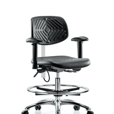 Polyurethane ESD Chair - Medium Bench Height with Chrome Foot Ring, Adjustable Arms, & ESD Casters - ESD-PMBCH-CR-T0-A1-CF-EC