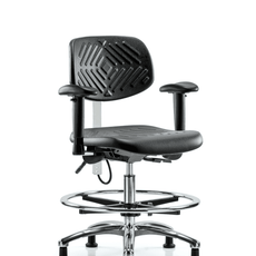 Polyurethane ESD Chair - Medium Bench Height with Chrome Foot Ring, Adjustable Arms, & ESD Stationary Glides - ESD-PMBCH-CR-T0-A1-CF-EG