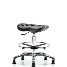 Polyurethane ESD Tractor Stool Chrome - Medium Bench Height with Chrome Foot Ring & ESD Stationary Glides in ESD Black Polyurethane - ESD-PTMBSL-CR-CF-EG