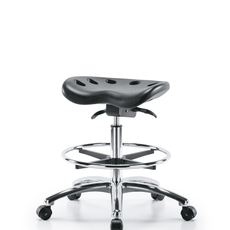 Polyurethane ESD Tractor Sit-Stand Stool Chrome - Medium Bench Height with Chrome Foot Ring & ESD Casters in ESD Black Polyurethane - ESD-PTMBSO-CR-CF-EC