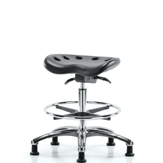 Polyurethane ESD Tractor Sit-Stand Stool Chrome - Medium Bench Height with Chrome Foot Ring & ESD Stationary Glides in ESD Black Polyurethane - ESD-PTMBSO-CR-CF-EG