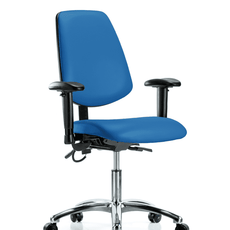 Vinyl ESD Chair - Desk Height with Medium Back, Adjustable Arms, & ESD Casters in ESD Blue Vinyl - ESD-VDHCH-MB-CR-T0-A1-EC-ESDBLU