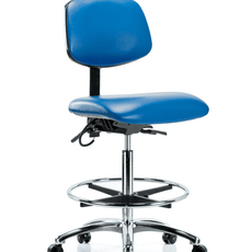 Vinyl ESD Chair - High Bench Height with Chrome Foot Ring & ESD Casters in ESD Blue Vinyl - ESD-VHBCH-CR-T0-A0-CF-EC-ESDBLU