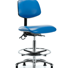 Vinyl ESD Chair - High Bench Height with Chrome Foot Ring & ESD Stationary Glides in ESD Blue Vinyl - ESD-VHBCH-CR-T0-A0-CF-EG-ESDBLU