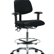 Vinyl ESD Chair - High Bench Height with Adjustable Arms, Chrome Foot Ring, & ESD Casters in ESD Black Vinyl - ESD-VHBCH-CR-T0-A1-CF-EC-ESDBLK