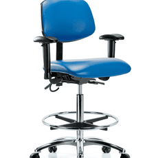 Vinyl ESD Chair - High Bench Height with Adjustable Arms, Chrome Foot Ring, & ESD Casters in ESD Blue Vinyl - ESD-VHBCH-CR-T0-A1-CF-EC-ESDBLU