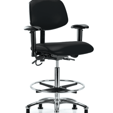 Vinyl ESD Chair - High Bench Height with Adjustable Arms, Chrome Foot Ring, & ESD Stationary Glides in ESD Black Vinyl - ESD-VHBCH-CR-T0-A1-CF-EG-ESDBLK