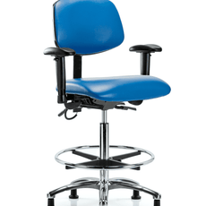 Vinyl ESD Chair - High Bench Height with Adjustable Arms, Chrome Foot Ring, & ESD Stationary Glides in ESD Blue Vinyl - ESD-VHBCH-CR-T0-A1-CF-EG-ESDBLU