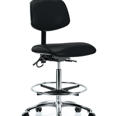 Vinyl ESD Chair - High Bench Height with Seat Tilt, Chrome Foot Ring, & ESD Casters in ESD Black Vinyl - ESD-VHBCH-CR-T1-A0-CF-EC-ESDBLK