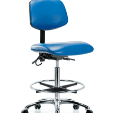 Vinyl ESD Chair - High Bench Height with Seat Tilt, Chrome Foot Ring, & ESD Casters in ESD Blue Vinyl - ESD-VHBCH-CR-T1-A0-CF-EC-ESDBLU
