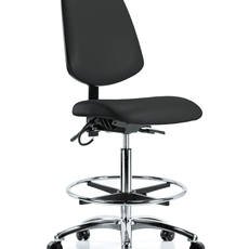 Vinyl ESD Chair - High Bench Height with Medium Back, Chrome Foot Ring, & ESD Casters in ESD Black Vinyl - ESD-VHBCH-MB-CR-T0-A0-CF-EC-ESDBLK