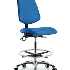 Vinyl ESD Chair - High Bench Height with Medium Back, Chrome Foot Ring, & ESD Casters in ESD Blue Vinyl - ESD-VHBCH-MB-CR-T0-A0-CF-EC-ESDBLU
