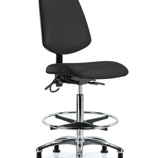 Vinyl ESD Chair - High Bench Height with Medium Back, Chrome Foot Ring, & ESD Stationary Glides in ESD Black Vinyl - ESD-VHBCH-MB-CR-T0-A0-CF-EG-ESDBLK