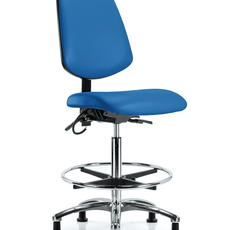 Vinyl ESD Chair - High Bench Height with Medium Back, Chrome Foot Ring, & ESD Stationary Glides in ESD Blue Vinyl - ESD-VHBCH-MB-CR-T0-A0-CF-EG-ESDBLU