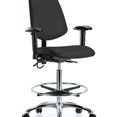 Vinyl ESD Chair - High Bench Height with Medium Back, Adjustable Arms, Chrome Foot Ring, & ESD Casters in ESD Black Vinyl - ESD-VHBCH-MB-CR-T0-A1-CF-EC-ESDBLK