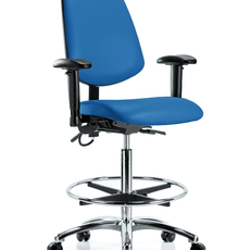 Vinyl ESD Chair - High Bench Height with Medium Back, Adjustable Arms, Chrome Foot Ring, & ESD Casters in ESD Blue Vinyl - ESD-VHBCH-MB-CR-T0-A1-CF-EC-ESDBLU
