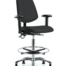 Vinyl ESD Chair - High Bench Height with Medium Back, Adjustable Arms, Chrome Foot Ring, & ESD Stationary Glides in ESD Black Vinyl - ESD-VHBCH-MB-CR-T0-A1-CF-EG-ESDBLK