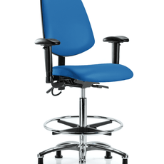 Vinyl ESD Chair - High Bench Height with Medium Back, Adjustable Arms, Chrome Foot Ring, & ESD Stationary Glides in ESD Blue Vinyl - ESD-VHBCH-MB-CR-T0-A1-CF-EG-ESDBLU