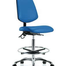 Vinyl ESD Chair - High Bench Height with Medium Back, Seat Tilt, Chrome Foot Ring, & ESD Casters in ESD Blue Vinyl - ESD-VHBCH-MB-CR-T1-A0-CF-EC-ESDBLU