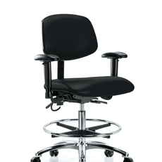 Vinyl ESD Chair - Medium Bench Height with Adjustable Arms, Chrome Foot Ring, & ESD Casters in ESD Black Vinyl - ESD-VMBCH-CR-T0-A1-CF-EC-ESDBLK