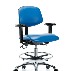 Vinyl ESD Chair - Medium Bench Height with Adjustable Arms, Chrome Foot Ring, & ESD Casters in ESD Blue Vinyl - ESD-VMBCH-CR-T0-A1-CF-EC-ESDBLU