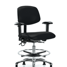 Vinyl ESD Chair - Medium Bench Height with Adjustable Arms, Chrome Foot Ring, & ESD Stationary Glides in ESD Black Vinyl - ESD-VMBCH-CR-T0-A1-CF-EG-ESDBLK