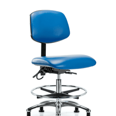 Vinyl ESD Chair - Medium Bench Height with Seat Tilt, Chrome Foot Ring, & ESD Stationary Glides in ESD Blue Vinyl - ESD-VMBCH-CR-T1-A0-CF-EG-ESDBLU
