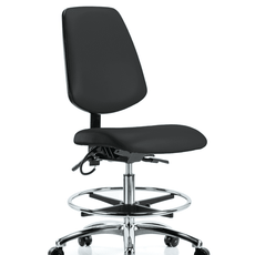 Vinyl ESD Chair - Medium Bench Height with Medium Back, Chrome Foot Ring, & ESD Casters in ESD Black Vinyl - ESD-VMBCH-MB-CR-T0-A0-CF-EC-ESDBLK