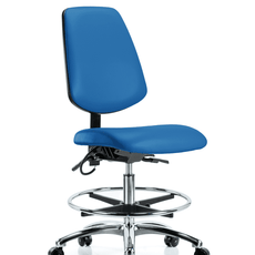 Vinyl ESD Chair - Medium Bench Height with Medium Back, Chrome Foot Ring, & ESD Casters in ESD Blue Vinyl - ESD-VMBCH-MB-CR-T0-A0-CF-EC-ESDBLU