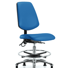 Vinyl ESD Chair - Medium Bench Height with Medium Back, Chrome Foot Ring, & ESD Stationary Glides in ESD Blue Vinyl - ESD-VMBCH-MB-CR-T0-A0-CF-EG-ESDBLU
