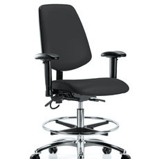 Vinyl ESD Chair - Medium Bench Height with Medium Back, Adjustable Arms, Chrome Foot Ring, & ESD Casters in ESD Black Vinyl - ESD-VMBCH-MB-CR-T0-A1-CF-EC-ESDBLK