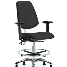 Vinyl ESD Chair - Medium Bench Height with Medium Back, Adjustable Arms, Chrome Foot Ring, & ESD Stationary Glides in ESD Black Vinyl - ESD-VMBCH-MB-CR-T0-A1-CF-EG-ESDBLK