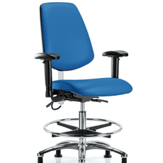 Vinyl ESD Chair - Medium Bench Height with Medium Back, Adjustable Arms, Chrome Foot Ring, & ESD Stationary Glides in ESD Blue Vinyl - ESD-VMBCH-MB-CR-T0-A1-CF-EG-ESDBLU