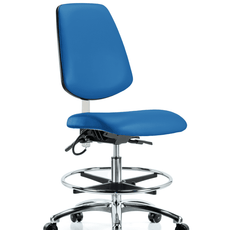 Vinyl ESD Chair - Medium Bench Height with Medium Back, Seat Tilt, Chrome Foot Ring, & ESD Casters in ESD Blue Vinyl - ESD-VMBCH-MB-CR-T1-A0-CF-EC-ESDBLU