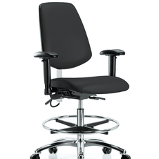 Vinyl ESD Chair - Medium Bench Height with Medium Back, Seat Tilt, Adjustable Arms, Chrome Foot Ring, & ESD Casters in ESD Black Vinyl - ESD-VMBCH-MB-CR-T1-A1-CF-EC-ESDBLK