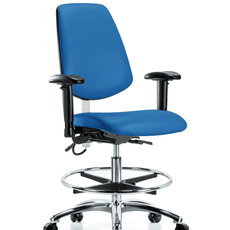 Vinyl ESD Chair - Medium Bench Height with Medium Back, Seat Tilt, Adjustable Arms, Chrome Foot Ring, & ESD Casters in ESD Blue Vinyl - ESD-VMBCH-MB-CR-T1-A1-CF-EC-ESDBLU