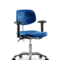 Class 100 Polyurethane Clean Room Chair - Desk Height with Adjustable Arms & Casters in Blue Polyurethane - NCR-PDHCH-CR-T0-A1-CC-BLU