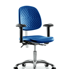 Class 100 Polyurethane Clean Room Chair - Desk Height with Medium Back, Adjustable Arms, & Casters in Blue Polyurethane - NCR-PDHCH-MB-CR-T0-A1-CC-BLU