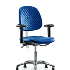 Class 100 Polyurethane Clean Room Chair - Desk Height with Medium Back, Adjustable Arms, & Stationary Glides in Blue Polyurethane - NCR-PDHCH-MB-CR-T0-A1-RG-BLU